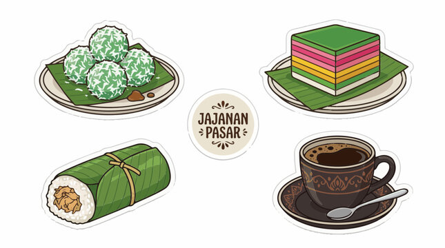 Indonesian Traditional Snacks Jajanan Pasar Food Cake And Coffee Illustration