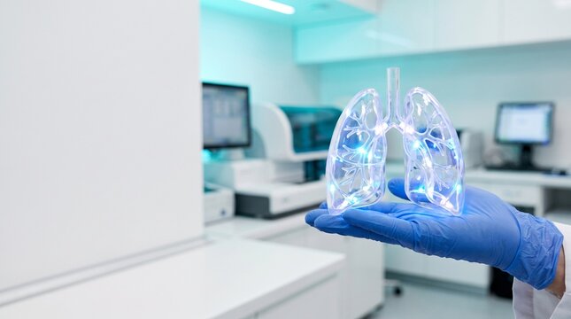 Scientist Holding Glowing Digital Holographic Model of Human Lungs in a Medical Laboratory Environment