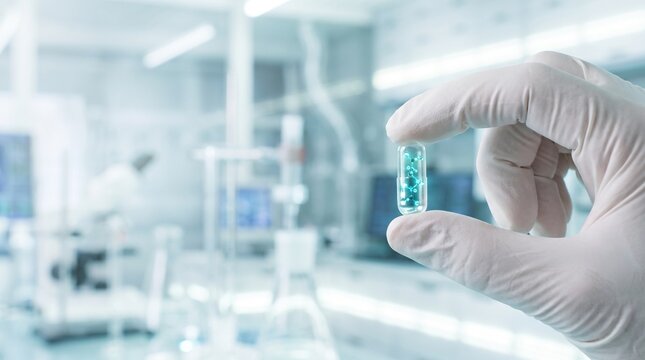 Scientist Holding a Specialized Medical Capsule in a Modern Clinical Research Laboratory Setting