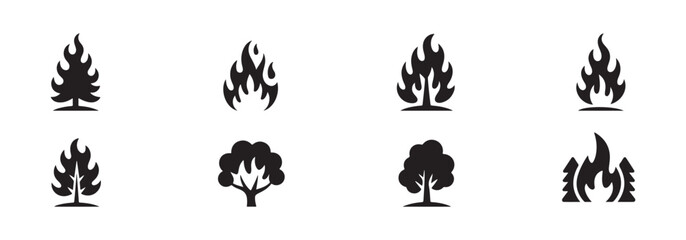 Obraz premium Set of fire tree and burning plant silhouettes on transparent background, representing natural forest fires and destruction.