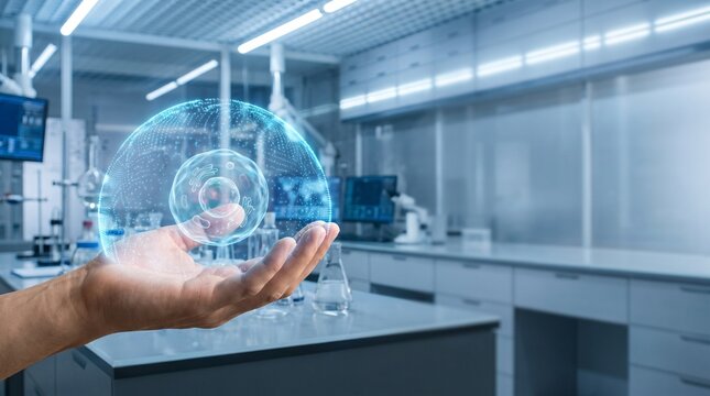 Futuristic Scientist Hand Holding Digital Data Globe Inside Modern Scientific Research Laboratory Environment