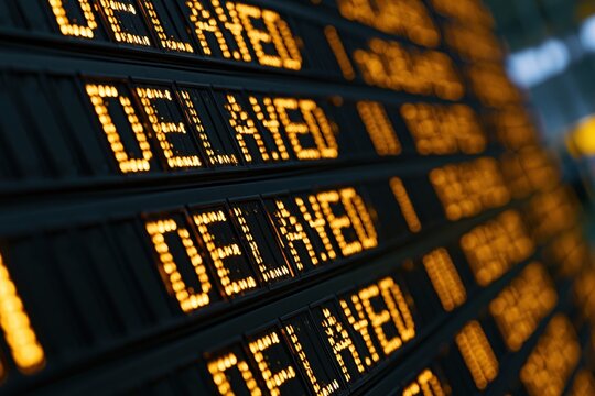 The Delayed Departures Board at the Airport Bathed in Warm Orange Light