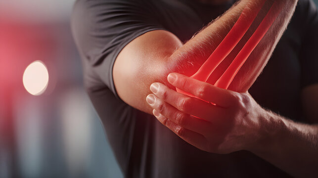 Man holding painful elbow in physiotherapy session with soft light highlighting joint pain and warm red therapy glow
