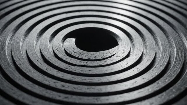 Black rubber industrial coil rotating slowly in dark warehouse environment creating hypnotic circular motion patterns for abstract background video clip