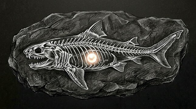 Fossilized shark skeleton embedded in dark rock