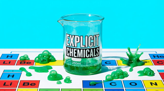 Laboratory Beaker with Green Fluid Splashed on Periodic Table