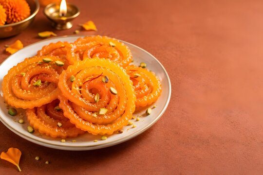 Crispy jalebi sweets on plate with diya for Diwali celebration