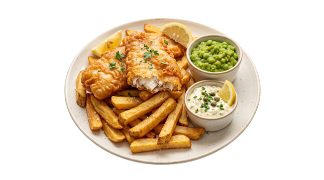 Traditional fish and chips with mushy peas, golden battered cod and thick cut fries, classic British pub meal on white background