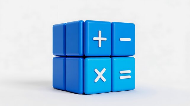3d blue calculator blocks with mathematical symbols isolated on a white background.