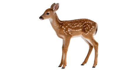 Fototapeta premium Spotted fawn standing alert, isolated on transparent background