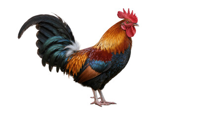 Colorful rooster with red comb and black tail feathers, isolated on transparent background © Viktor