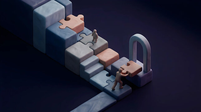 Minimalist 3D render of figures building puzzle stairs toward an archway, symbolizing teamwork, business solutions, and systematic progress.
