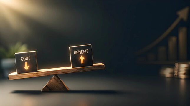 Business cost and benefit concept on wooden seesaw showing high value and profit growth on dark background with warm professional lighting for investment and financial strategy analysis.
