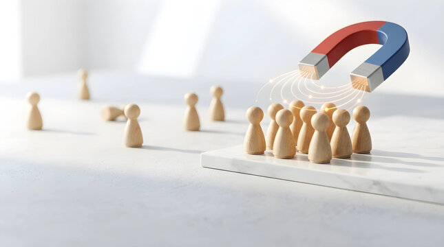 Horseshoe magnet attracting wooden people figures on white marble surface, representing lead generation, customer acquisition, and marketing strategy concepts for business growth.