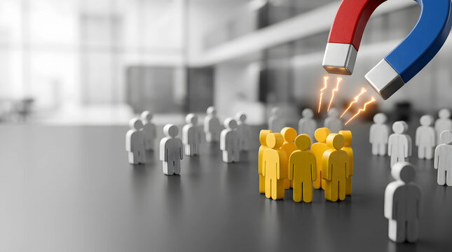 Large horseshoe magnet attracting specific yellow human figurines in office, representing customer lead generation, talent recruitment, and targeted marketing strategy concept.