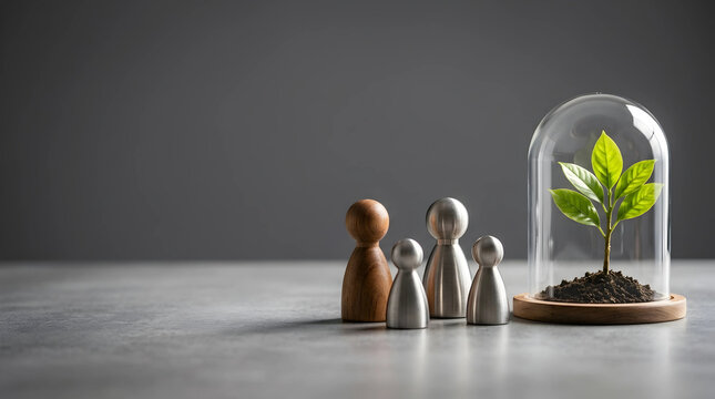 Conceptual image of protected plant growth and human figures symbolizing security, sustainability, and investment for family or business.