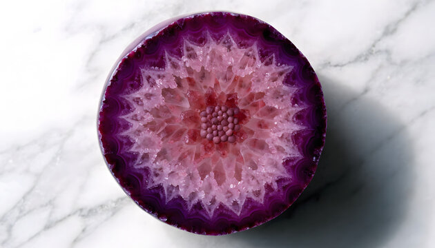 Top down view of a vibrant magenta geode crystal slice on a white marble background.