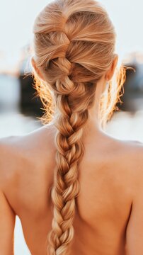 A blonde woman with a long French braid stands on a sunlit yacht, her bare shoulders glowing. The serene sunset and creamy yacht surfaces evoke luxury sailing bliss.