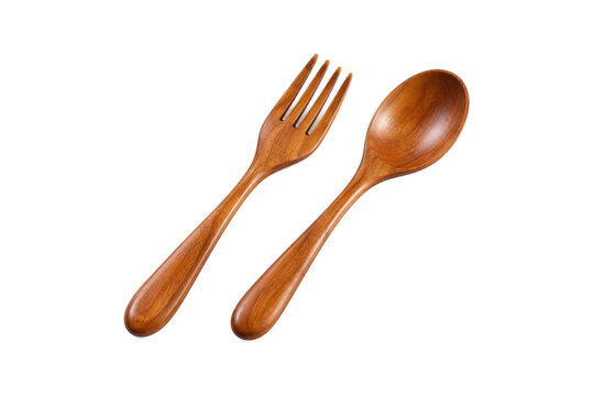 Polished wooden spoon and fork with natural wood grain, isolated on a clean white background, featuring smooth handcrafted surfaces and elegant kitchen tableware design.