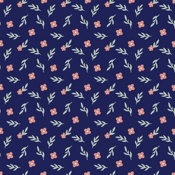 Dusty rose tiny blossom and sage green leaf seamless pattern on navy blue background.