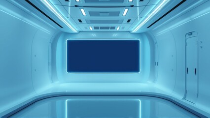 Obraz premium Futuristic interior, cool blue lighting, sleek design. Minimalist space suggests technology, possibly spaceship corridor. Clean lines dominate composition.