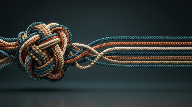 Simplifying complexity concept showing tangled knot of ropes untangling into straight organized parallel strands