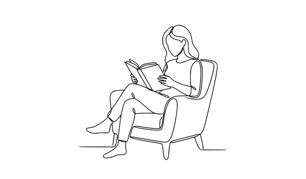Continuous Single Line Woman Sitting in Chair Reading Book Representing Relaxation Education Literature Knowledge and Peaceful Lifestyle
