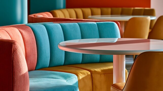 Modern Colorful Restaurant Booth Seating and Tables in Contemporary Cafe Interior.