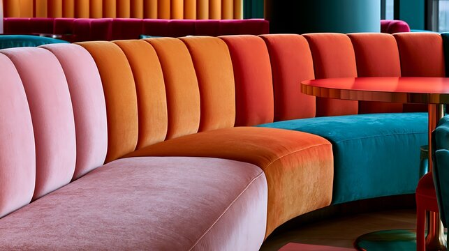 Modern colorful velvet curved booth seating in a stylish restaurant.