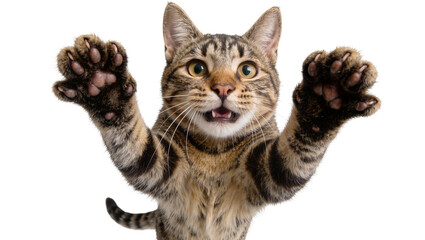 Tabby cat with paws raised reaching out, isolated on transparent background © Constantin