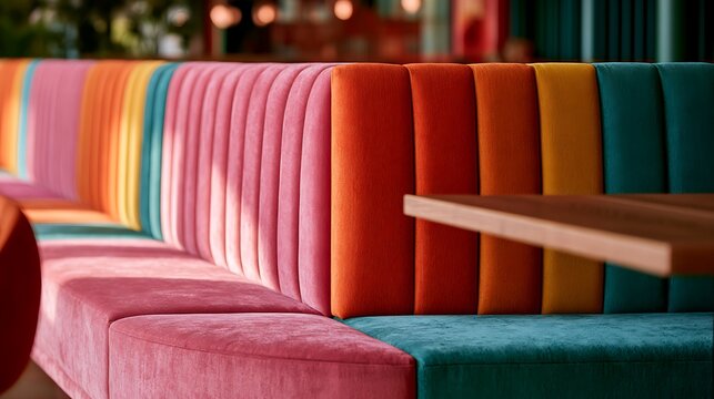 Vibrant Multicolored Velvet Booth Seating in Modern Restaurant Interior.