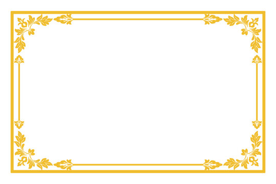 An elegant luxury gold vintage frame border with ornamental floral corners isolated on a transparent background for certificate and invitation designs.