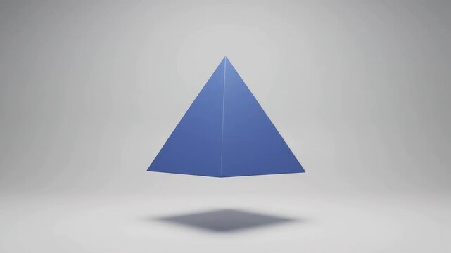 Minimalist blue pyramid rotating in studio space, geometric 3D shape floating, clean motion graphic for corporate presentations isolated on White Background