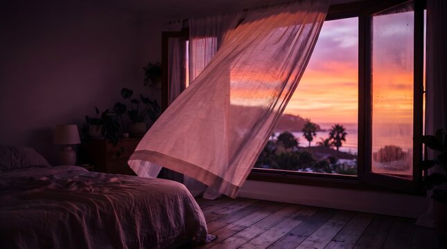 Sunset view through open window with flowing curtain in bedroom