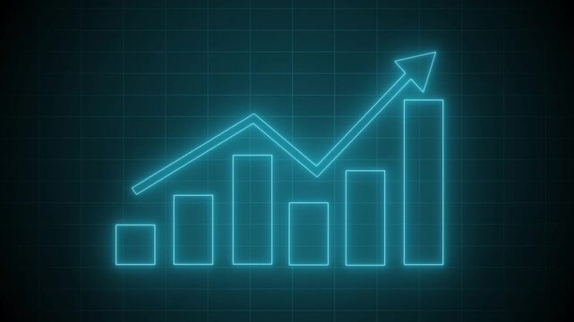 Glowing neon-style outline of a bar chart with five vertical bars and a downward arrow above animation