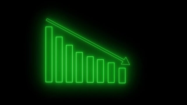 Glowing neon-style bar chart with descending bars and a downward arrow animation on black background
