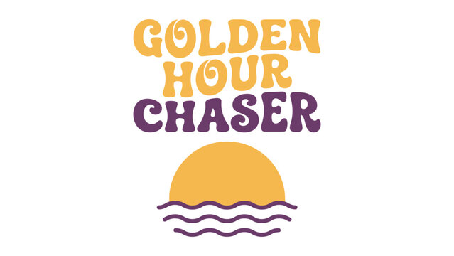 Golden hour chaser groovy retro typography design with a stylized sunset illustration