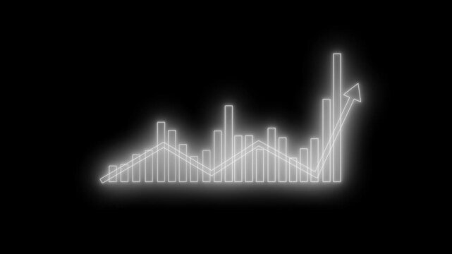 Neon-style histogram chart on black background with glowing edges, rising bars peaking mid-left then descending animation