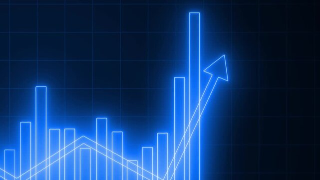 Neon-style histogram chart on black background with glowing edges, rising bars peaking mid-left then descending animation