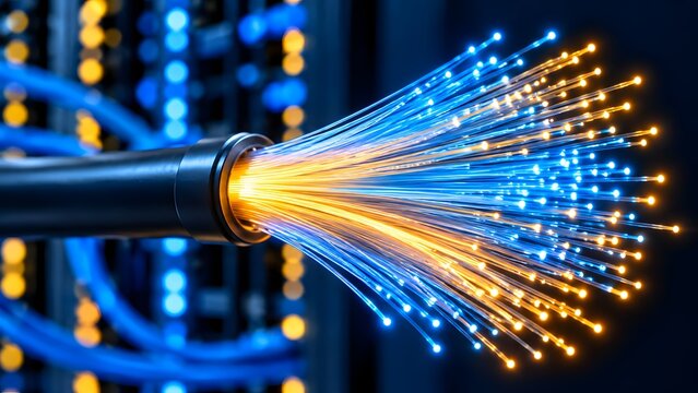 Macro Close-Up of Fiber Optic Cables Emitting Blue and Orange Glowing Light in a Server Room