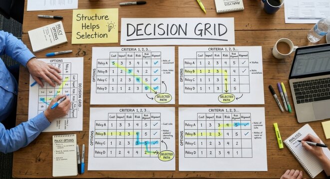 Decision Grid Policy Selection Analysis on Wooden Desk