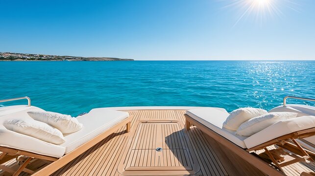 Luxury Yacht Deck with White Lounge Cushions / 白いラウンジクッションが並ぶ豪華ヨットのデッキ