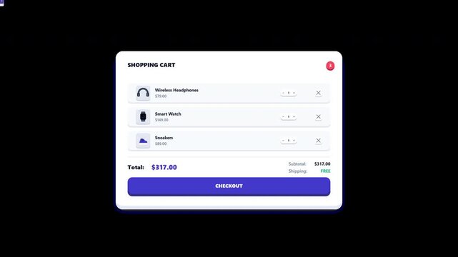 Premium 2.5D Motion Graphic of an e-commerce shopping cart filling up and completing a checkout process. Features deterministic animation, quadratic bezier flight paths, and a seamless loop optimized
