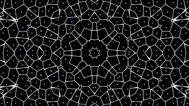 Minimalist Geometric Abstract Pattern in Black and White, Symmetric Polygonal Kaleidoscope Loop