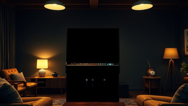 Dim living room features vintage arcade machine, warm lamps, comfortable seating. Dark walls create cozy atmosphere.