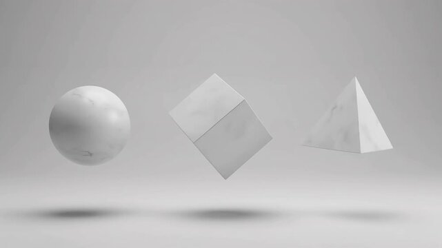 Minimalist 3D geometric shapes, floating white sphere cube and pyramid, abstract matte stone primitives for architectural visualization isolated on White Background