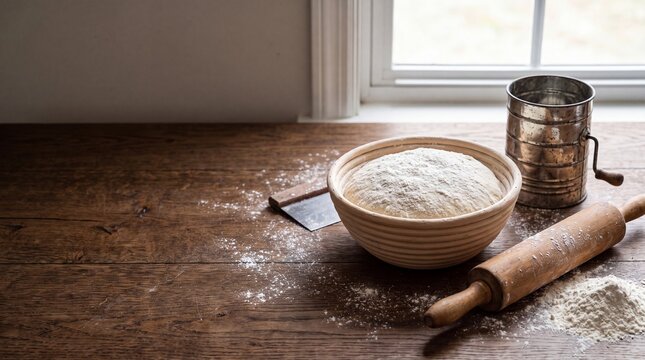 Sourdough bread dough proving in rattan banneton proofing basket on rustic wooden table with copy space
