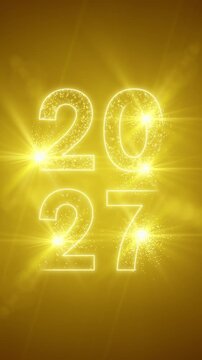 Vertical video animation of abstract neon light with the numbers 2027 over yellow background - represents the new year - vacation concept.