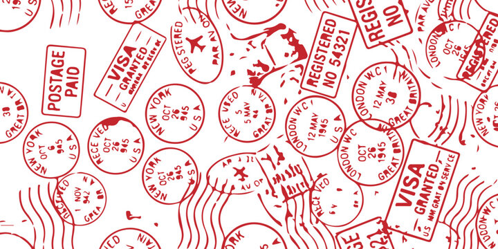 Collection of various international travel passport stamps and visa markings in red ink