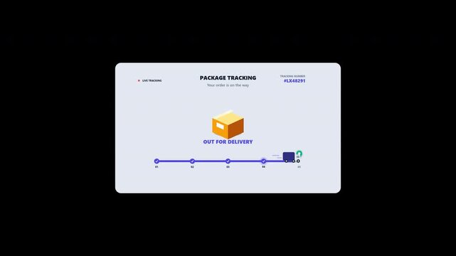 Premium 2.5D Motion Graphic of an e-commerce package tracking flow. Features deterministic animation, a seamless loop, and progressive status updates from ordered to delivered